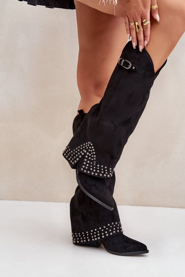 FS1 FS1 Knee Boots With Rolled Shaft On Heel Black Iveliri