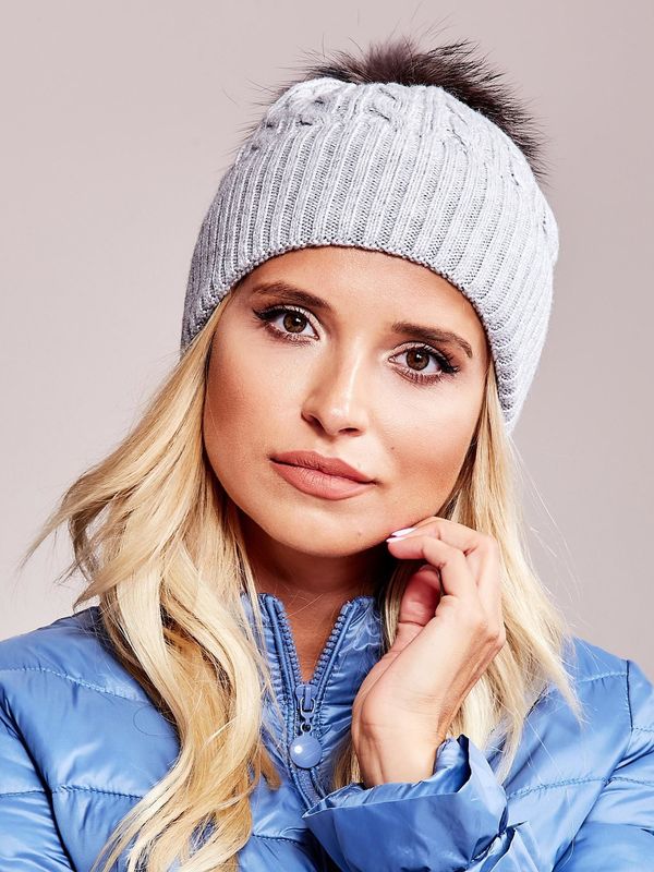 Fashionhunters Gray cap with edging and fur pompom