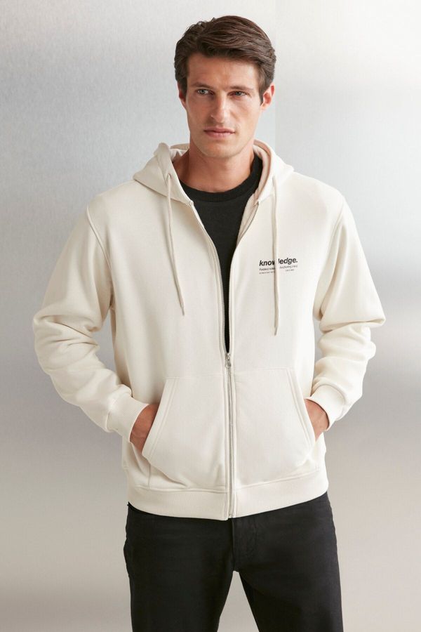 GRIMELANGE GRIMELANGE Aksel Men's Soft Organic Cotton Oversize Zippered Printed Hooded Stone Color Sweatshirt