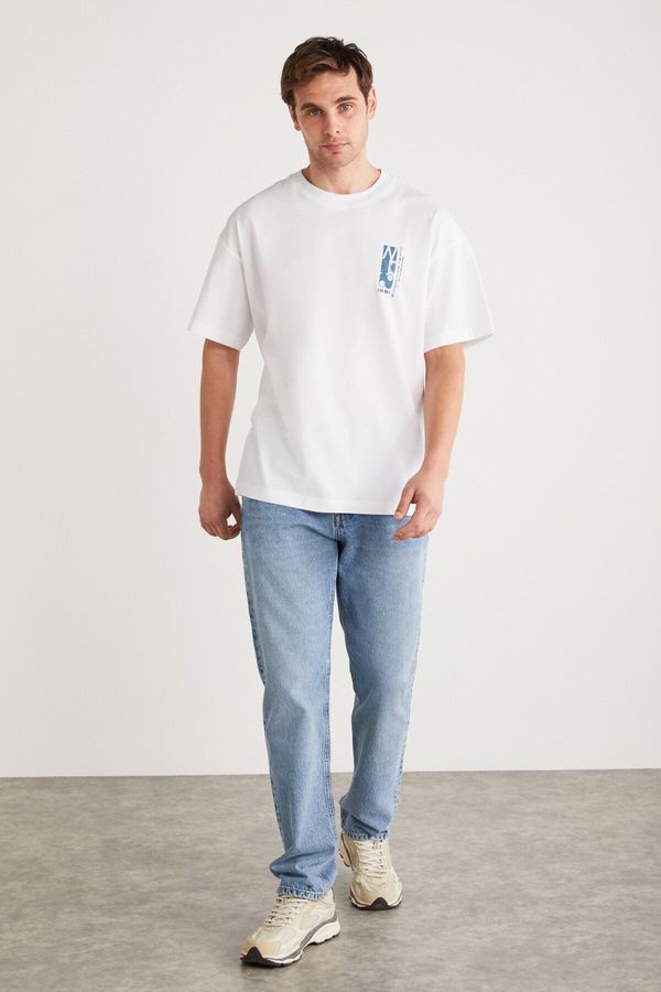 GRIMELANGE GRIMELANGE Antonio Men's Printed Detailed 100% Organic Cotton Knitted Oversize White T-shir