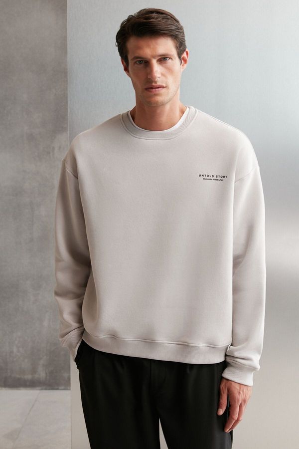 GRIMELANGE GRIMELANGE Bryan Men's Soft Fabric 3 Thread Oversize Loose Cut Round Neck Printed Gray Sweatshirt
