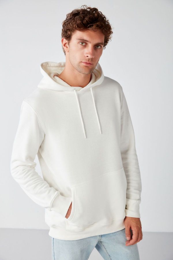 GRIMELANGE GRIMELANGE Jorge Men's Soft Hooded Organic Cotton Kangaroo Pocket Regular Ecru Sweatshirt