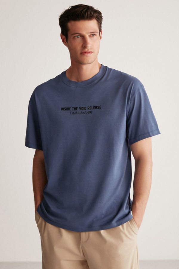 GRIMELANGE GRIMELANGE Men's Back Print Detailed Oversize 100% Organic Cotton Knitted Short Sleeve Navy Blue T-Shirt