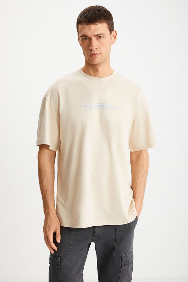 GRIMELANGE GRIMELANGE Men's Thick Textured Print Detail Oversize &100 Organic Cotton Beige T-shirt