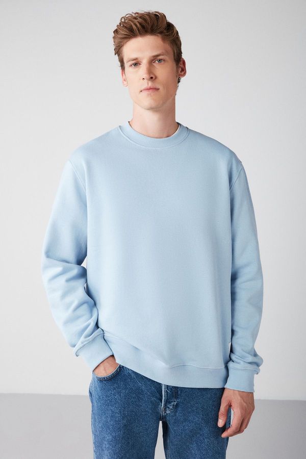GRIMELANGE GRIMELANGE Travis Men's Organic Fabric Soft Regular Fit Round Neck Blue Sweatshir