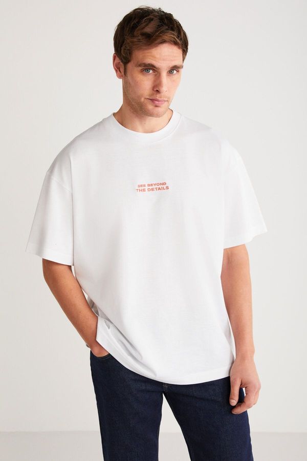 GRIMELANGE GRIMELANGE VITO Men's 100% Cotton Front Printed Short Sleeve Oversize White T-Shirt