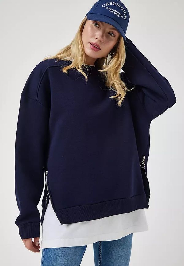 Happiness İstanbul Happiness İstanbul Women&#039;s Dark Blue Zipper Detailed Raised Knitted Sweatshirt