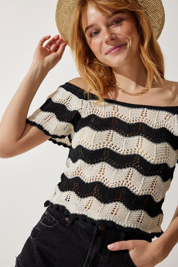 Happiness İstanbul Happiness İstanbul Women's Black Cream Openwork Knitwear Blouse