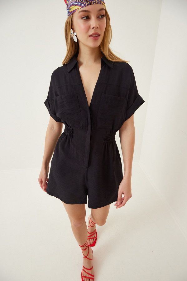 Happiness İstanbul Happiness İstanbul Women's Black Linen Viscose Jumpsuit with Shorts TO0009