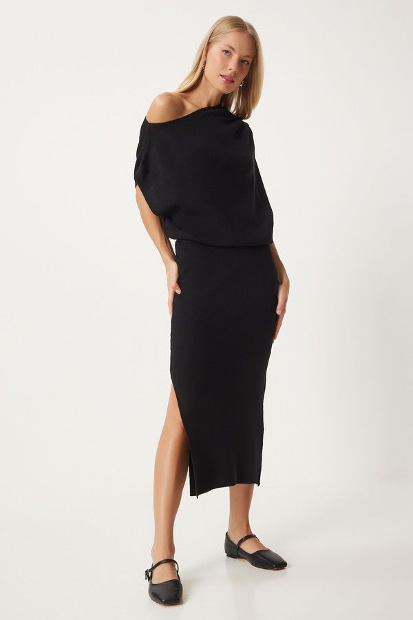 Happiness İstanbul Happiness İstanbul Women's Black One Shoulder Blouse Knitwear Skirt Set