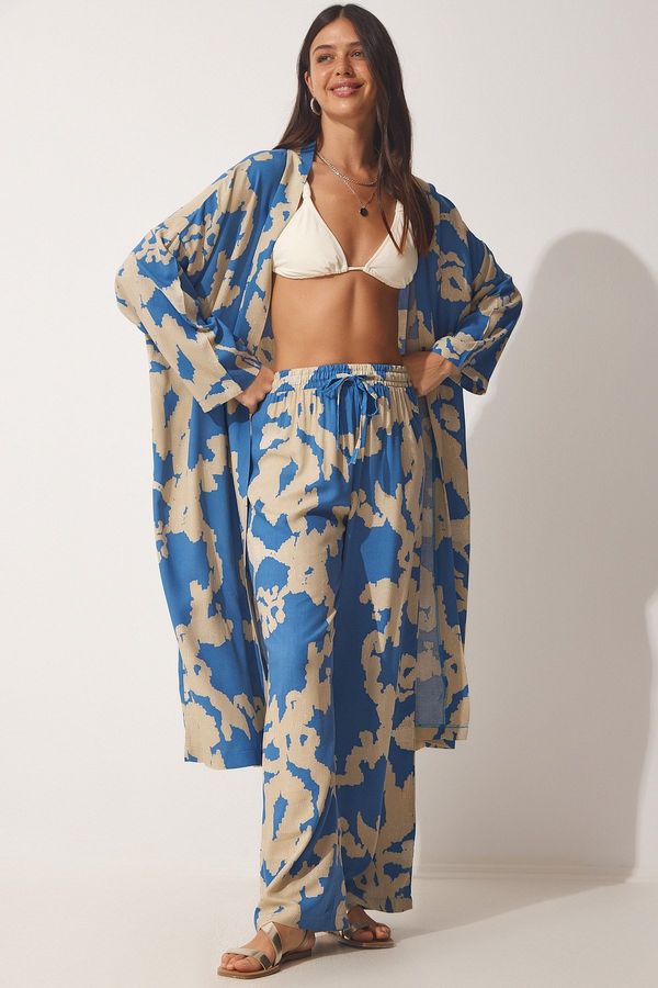 Happiness İstanbul Happiness İstanbul Women's Blue Beige Patterned Viscose Kimono Palazzo Pants Suit