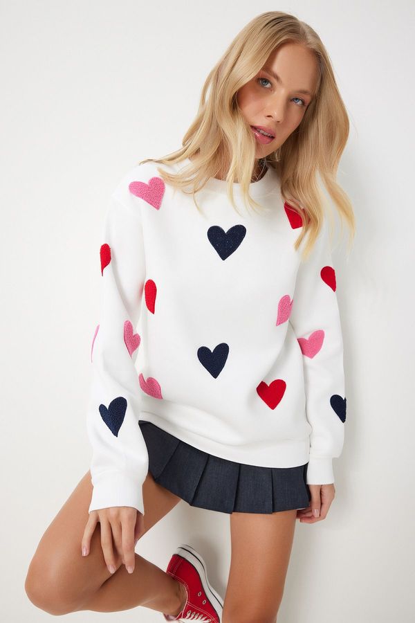 Happiness İstanbul Happiness İstanbul Women's Ecru Heart Textured Raised Knit Sweatshirt