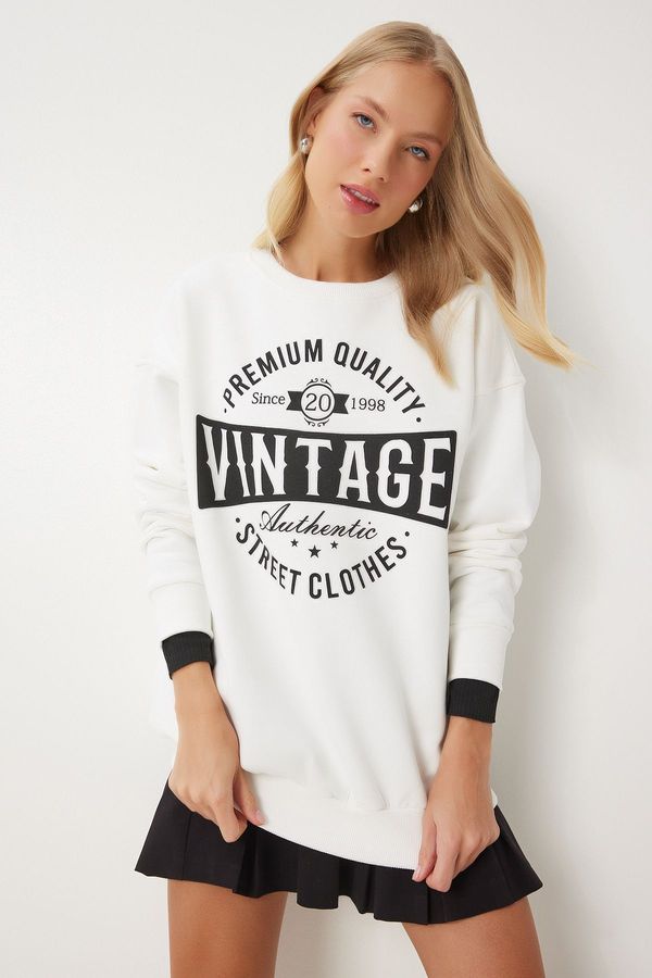 Happiness İstanbul Happiness İstanbul Women's Ecru Printed Oversize Raised Knitted Sweatshirt