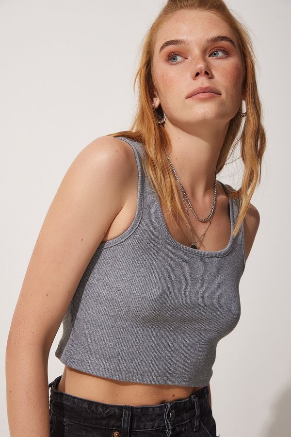 Happiness İstanbul Happiness İstanbul Women's Gray Weightlifting Corduroy Crop Knitted Blouse