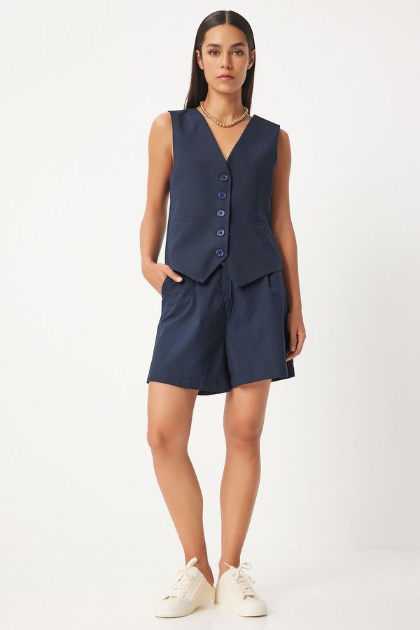 Happiness İstanbul Happiness İstanbul Women's Navy Blue V-Neck Vest Shorts Set