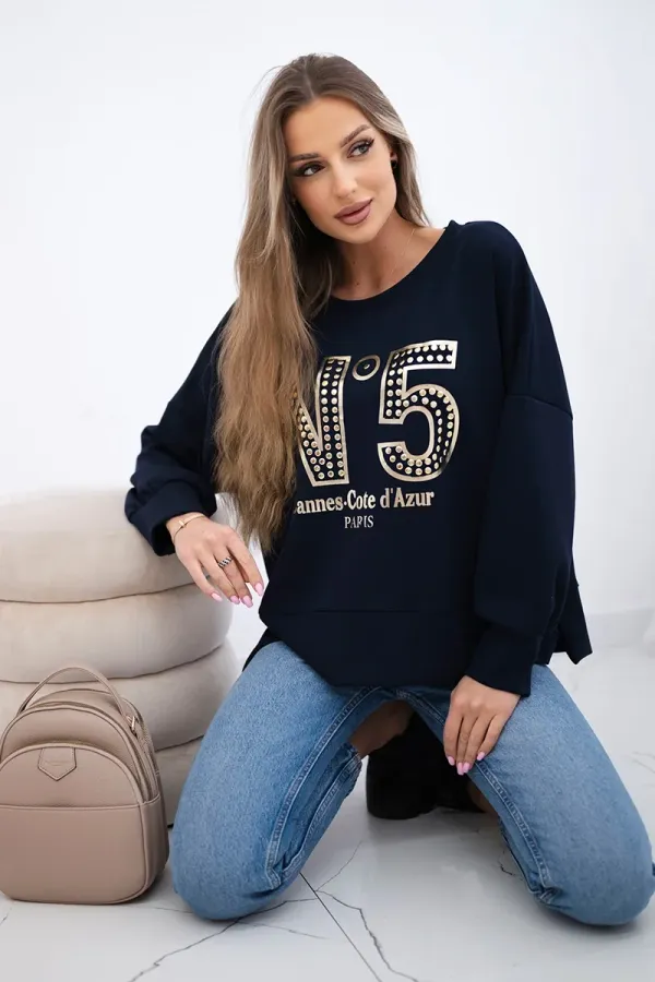 Kesi Włoski Kesi Włoski Printed sweatshirt buttery fabric navy blue