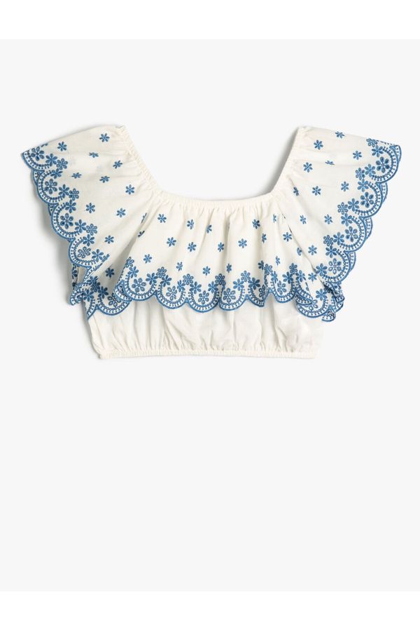 Koton Koton Crop Blouse Off Shoulder Ruffle Layered Floral Patterned Cotton