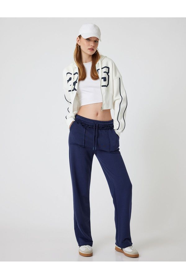 Koton Koton Crop Sweatshirt Hooded Zippered Corset Detail College Printed Pocket