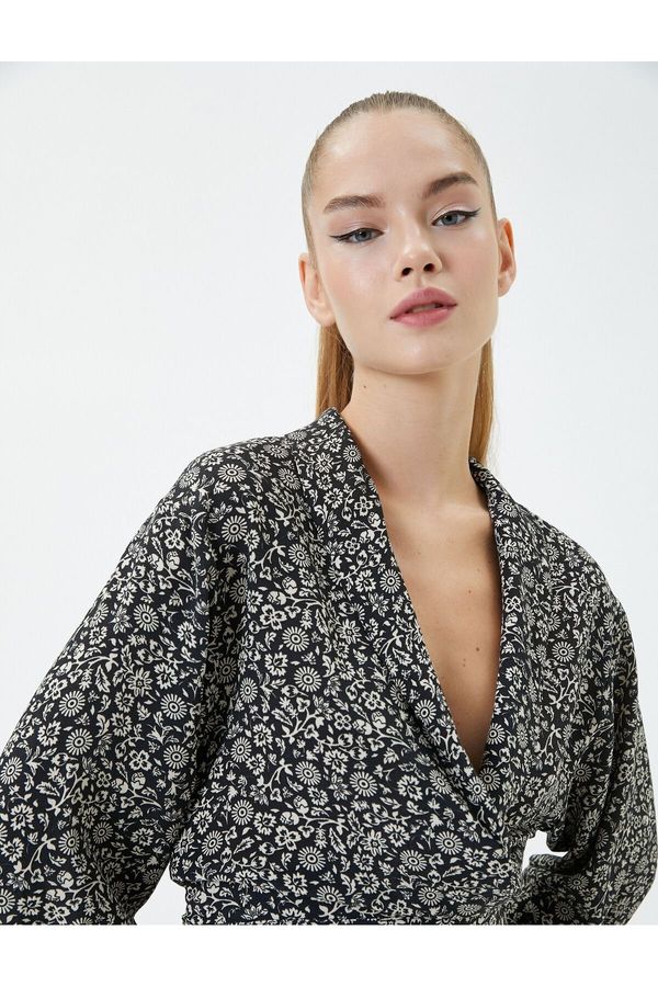 Koton Koton Floral Double Breasted Crop Blouse Oversize Long Bell Sleeve Viscose Fabric