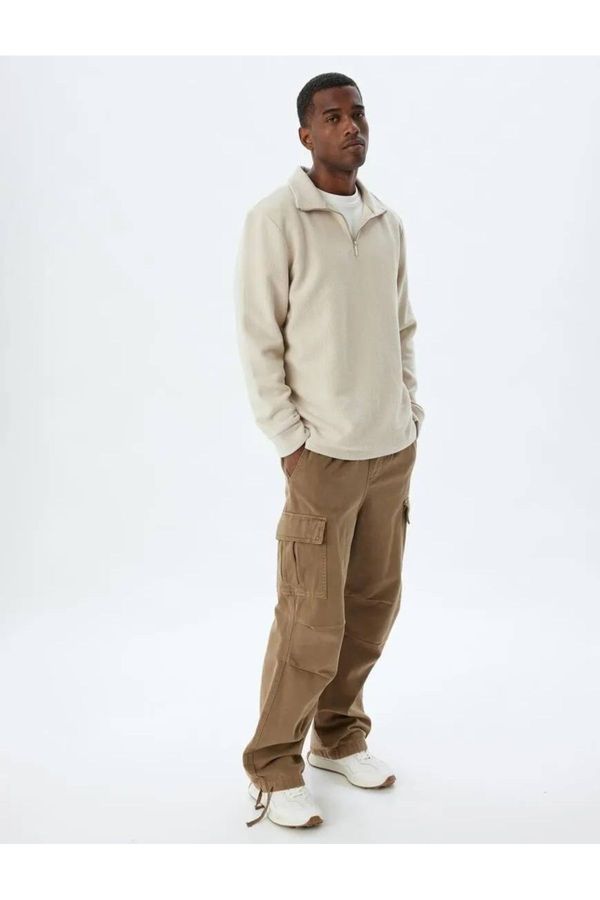 Koton Koton Half Zip Sweater Basic Cotton Blend Textured Long Sleeve