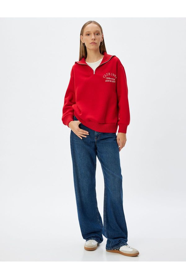 Koton Koton Half Zipper Sweatshirt College Embroidered Stand Collar Piping Raised