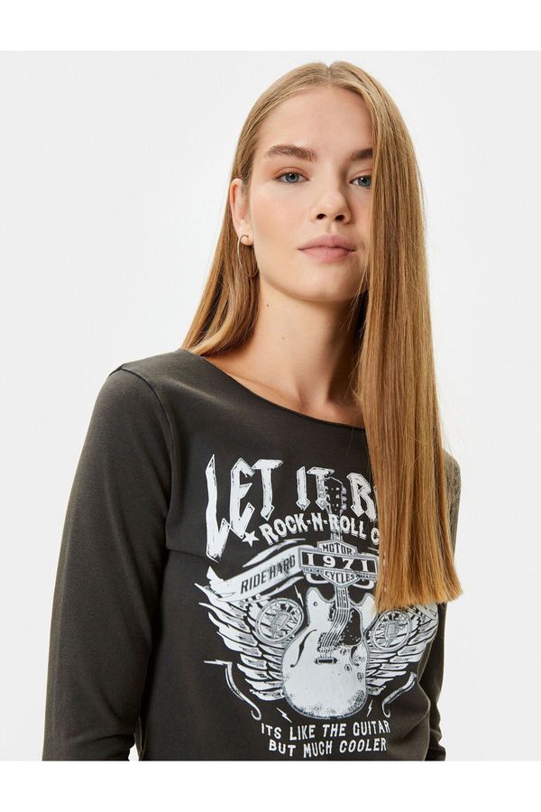 Koton Koton Music Theme Printed Round Neck Long Sleeve T-Shirt Cotton