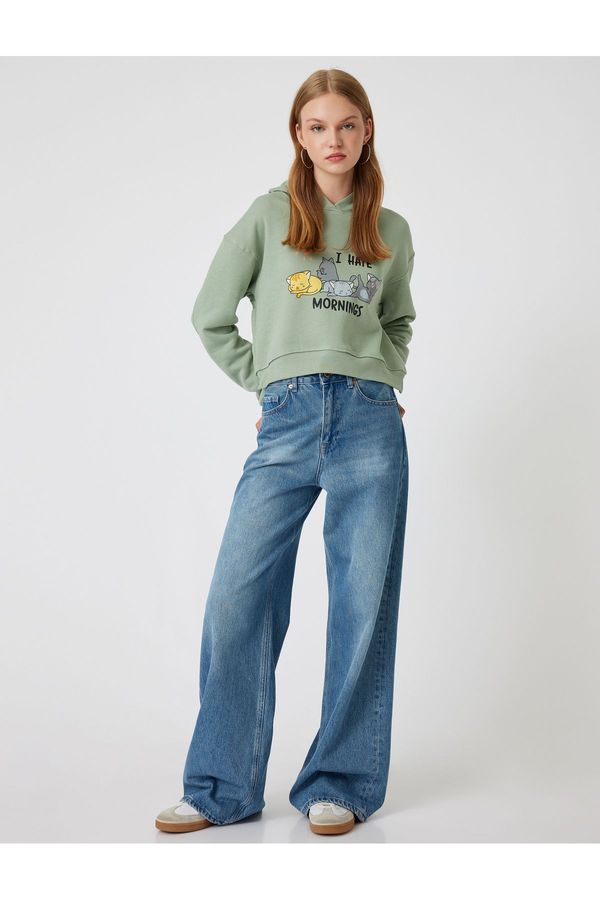 Koton Koton Oversize Crop Sweatshirt Hooded Cat Print