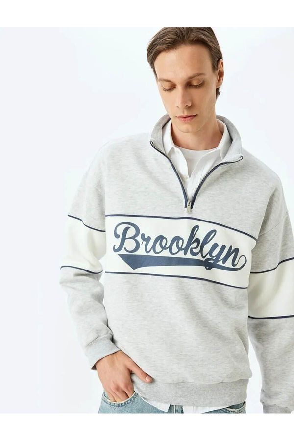 Koton Koton Oversize Sweatshirt College Printed Half Zip Color Block Raised Cotton Blend