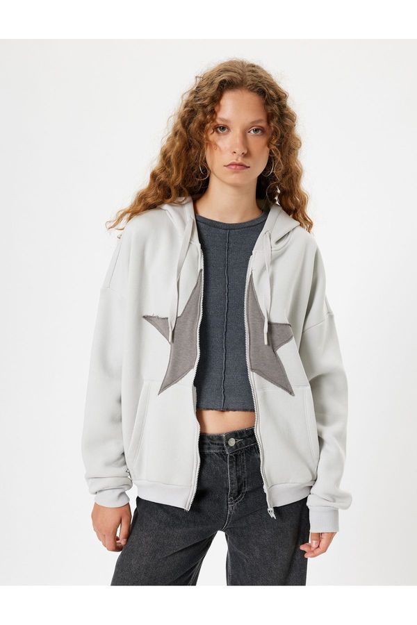 Koton Koton Oversize Zippered Sweatshirt Hooded Star Embroidered Pocket Detailed Ribbon
