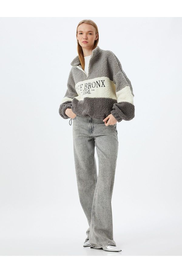 Koton Koton Plush Sweatshirt Oversize Half Zipper College Embroidered Color Block