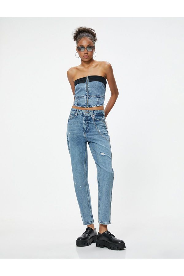 Koton Koton Ripped Denim Trousers Standard Waist Chain Detailed Pocket Cotton - Mom Jean