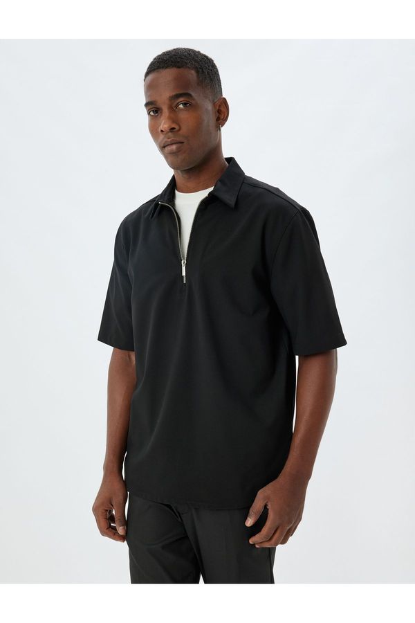 Koton Koton Short Sleeve Boxy Fit Viscose Blend Half Zipper Collar T-Shirt