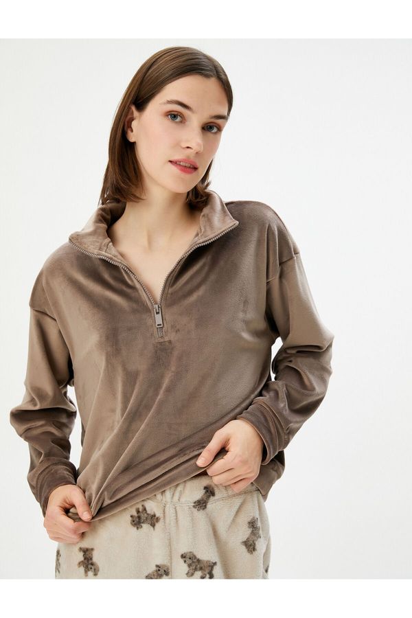 Koton Koton Velvet Pajama Top with Half Zipper Polo Neck