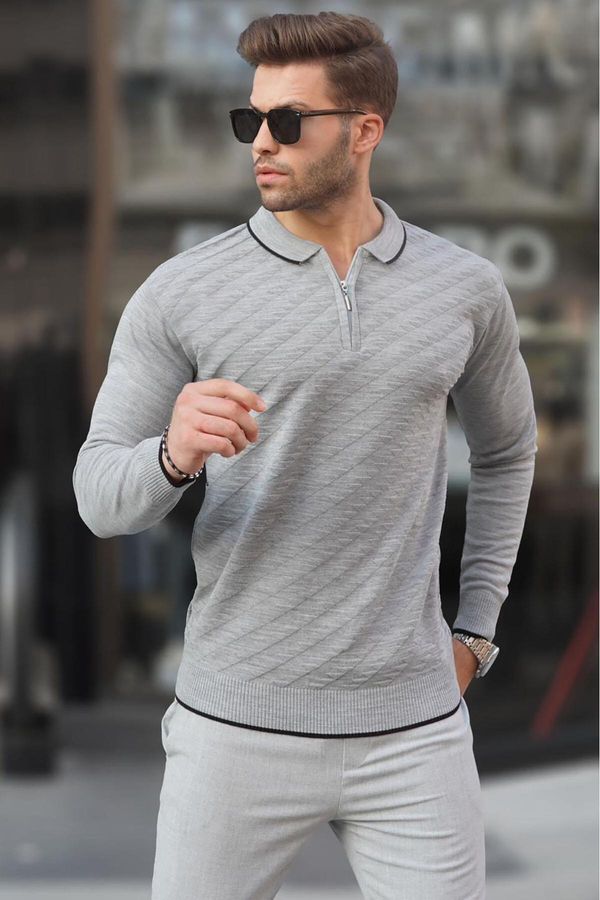 Madmext Madmext Gray Men's Zippered Knitwear Sweater 6824