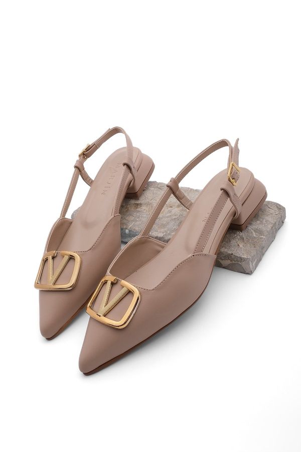 Marjin Marjin Women's Pointed Toe Flats with Open Back, Buckled Persian Beige