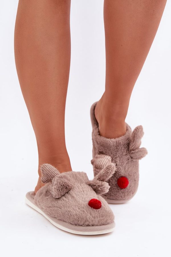 marka niezdefiniowana marka niezdefiniowana Womens Dark Beige Slippers With Reindeer Motif Sennalith