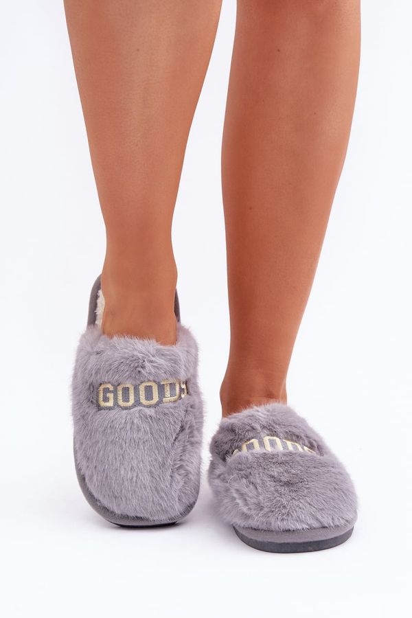 marka niezdefiniowana marka niezdefiniowana Women's Slippers With Fur And Writing Gray Kalelia