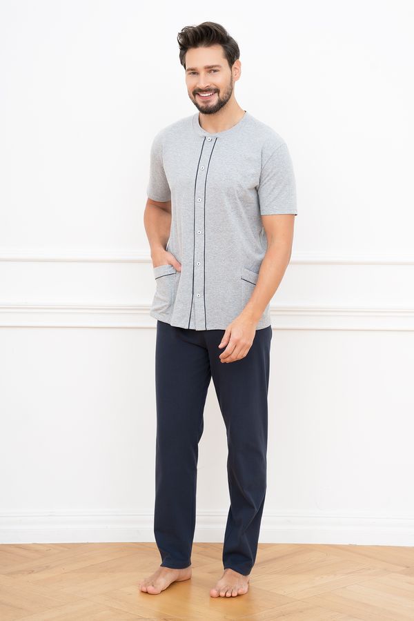 Italian Fashion Men's pyjamas Alcest, short sleeves, long trousers - melange/navy blue