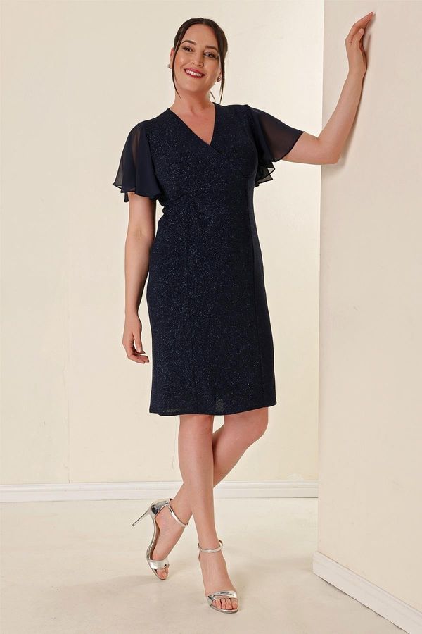 By Saygı Napisala Saygı Navy Blue Plus veličina srebrnaste haljine olovke s dvostrukim rukavima ovratnika šifonom obloženim