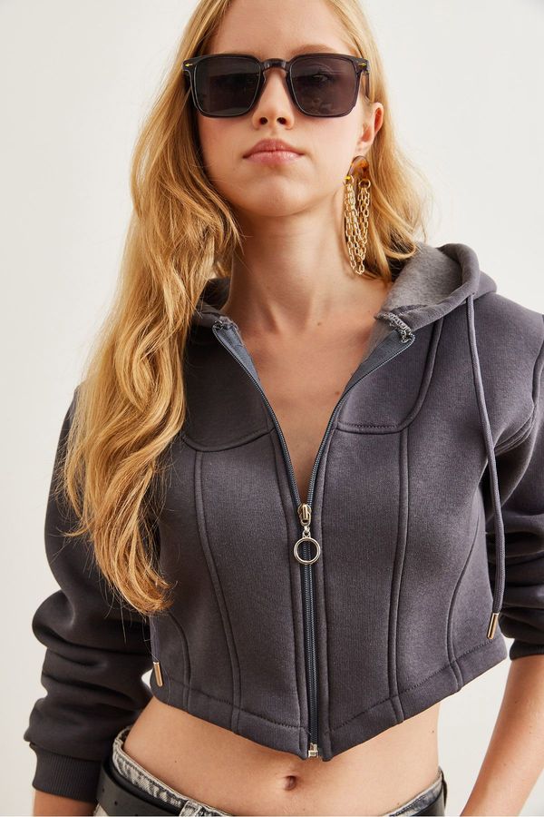 Olalook Olalook Women's Anthracite Corset Detailed Hooded Raised Crop Sweatshirt