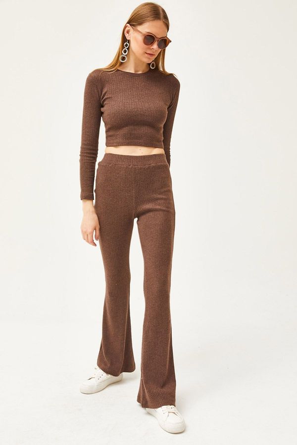 Olalook Olalook Women's Bitter Brown Top Crop Blouse Bottom Spanish Tights Raised Suit
