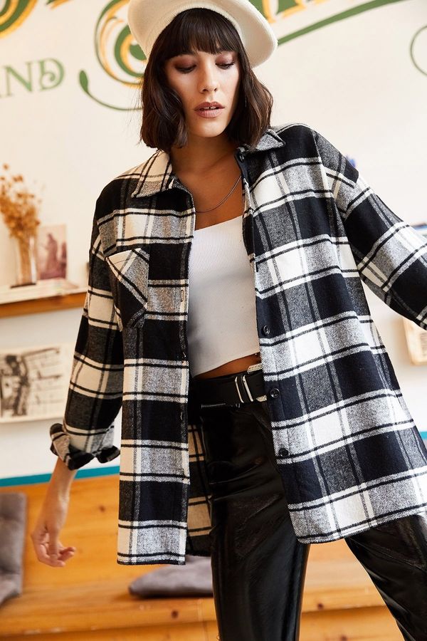 Olalook Olalook Women's Black and White One Pocket Thick Plaid Lumberjack Shirt