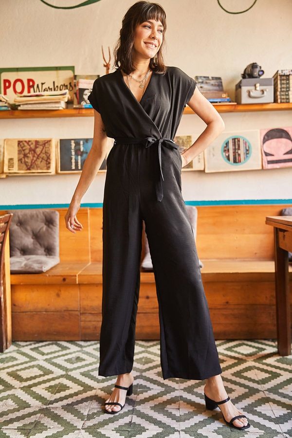 Olalook Olalook Women's Black Belted Wide Leg Woven Bodrum Jumpsuit