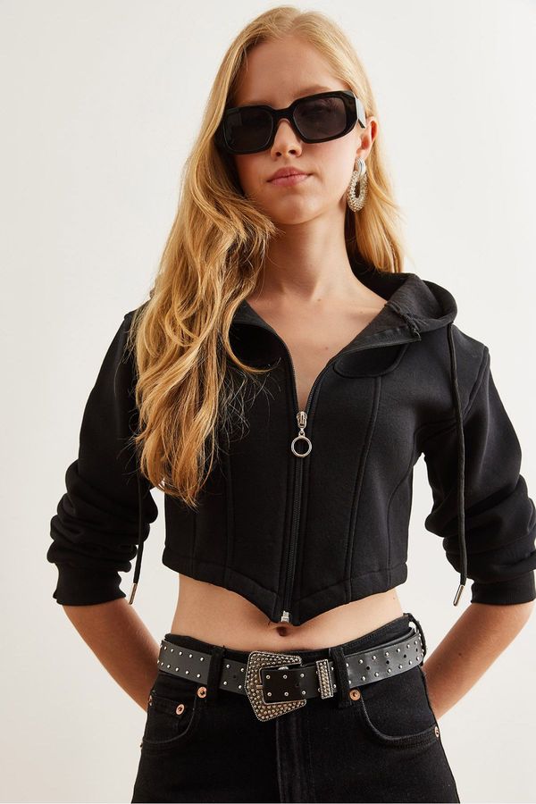 Olalook Olalook Women's Black Corset Detailed Hooded Raised Crop Sweatshirt