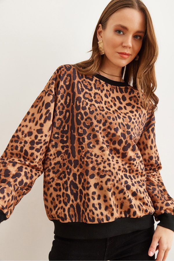 Olalook Olalook Women's Brown Leopard Basic Soft Texture Casual Sweatshirt