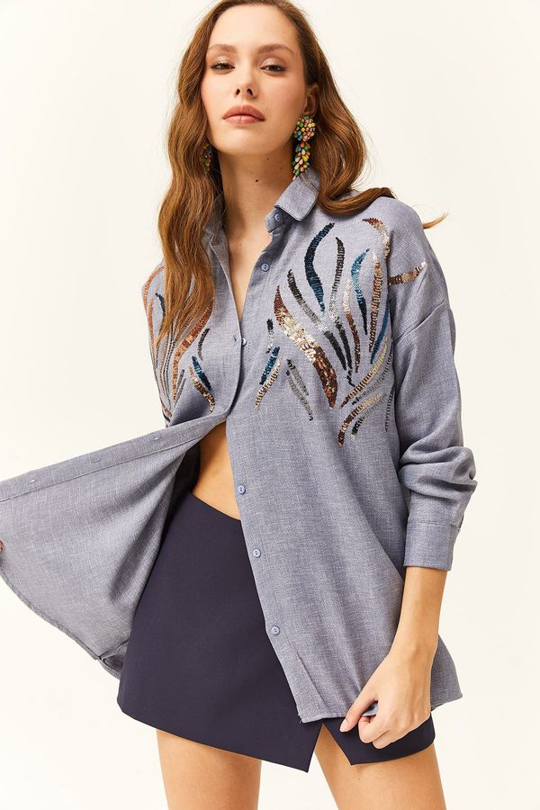 Olalook Olalook Women's Indigo Sequined Wool Effect Oversize Winter Shirt