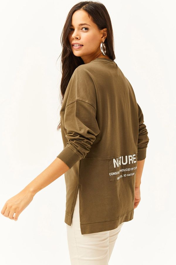 Olalook Olalook Women's Khaki Side Slit Printed Pieced Oversize Sweatshirt