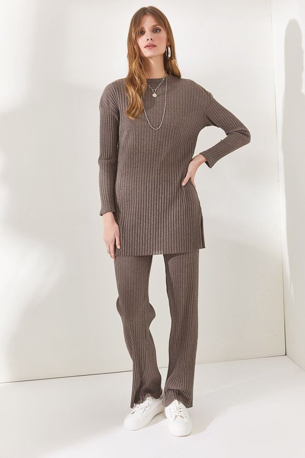 Olalook Olalook Women's Mink Top, Slit Blouse Bottom Palazzo, Corduroy Suit