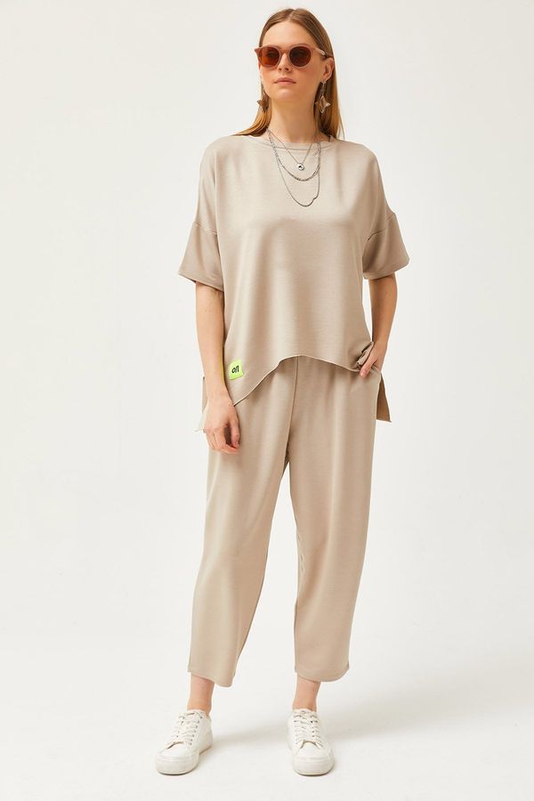 Olalook Olalook Women's Stone Asymmetrical Blouse Soft Textured Bottom Top Crystal Suit