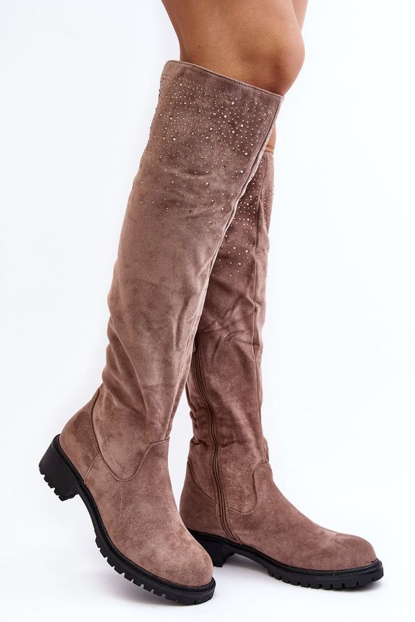 PG1 PG1 Women's Embellished Over-The-Knee Boots with Flat Heel Beige Cintya